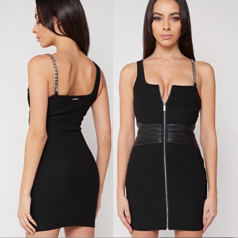 NWT Maniere De Voir Zip Detail Vegan Leather Ribbed Chain Mini Black Dress